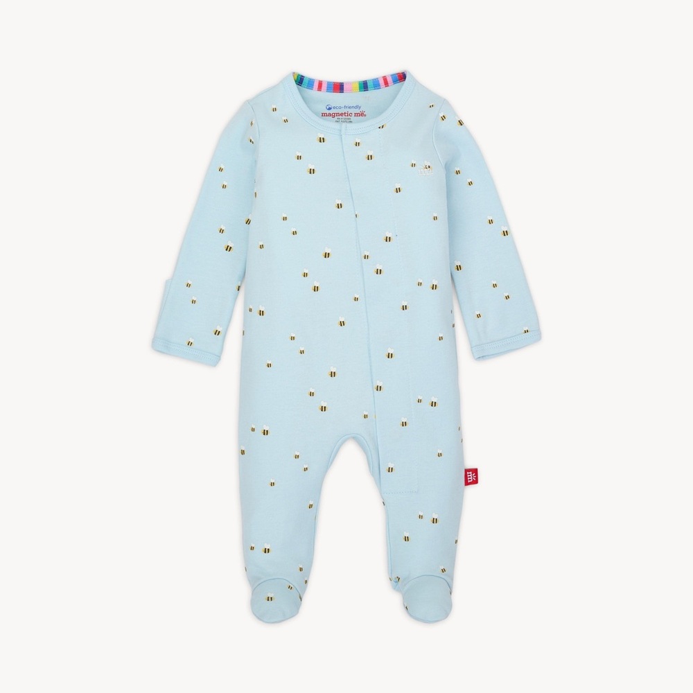 Magnetic Me Light Blue Bee Print Baby Onesie Footie 3-6m